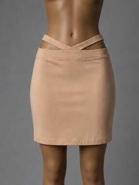Women's Large Beige Strappy Cutout Waist Midi Skirt Y2K Low Rise Bodycon Stretch